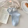 Calcetines de Invierno y Otoño Lindos de Dibujos Animados Gatito de Peluche Tridimensional para Mujer de Media Pantorrilla Estilo Coreano Chica Dulce Calcetines de Rayas con Lazo