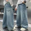 Calças Jeans Largas para Meninos Estilo Coreano Calças Cargo Soltas 2026 Novo Estilo Crianças Médias e Grandes Primavera e Outono Tendência Cool Calças Retas Longas Outono