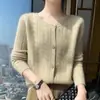 Cárdigan de punto de cachemira para mujer, cuello redondo, estilo Chanel, cuatro botones, corte holgado, elegante, adelgazante, suave y acogedor, top de manga larga