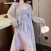 Pijama Sexy para Mujer Camisón de Tirantes Conjunto de Dos Piezas Longitud Media Encaje Estilo de Lujo Ligero de Alta Gama con Almohadillas en el Pecho