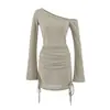 2026 Nuevo Bikini Estilo Europeo y Americano Color Sólido Moda Sexy Cordón Transparente Asimétrico Cuello Vestido Bodycon Manga Larga Cubre-traje