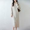 Outono e Inverno Novo Vestido Tricotado 100% Lã Gola V Feminino Solto Fenda Comprimento Médio Elegante Camisola Base Saia Longa