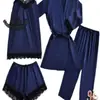 Ropa Interior Sexy Explosiones Europeas y Americanas Encaje Sexy Tirantes Pantalones Cortos de Encaje Pantalones Cárdigan Bata de Mañana Conjunto de Cinco Piezas Ropa para el Hogar