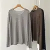 Camiseta de manga larga de lyocell a rayas para mujer, estilo coreano, casual, transpirable, fina, cubierta protectora solar, suéter de punto para otoño para aire acondicionado
