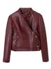 Jaqueta de Couro PU para Mulheres, Gola Redonda, Estilo Zíper Diagonal, Jaqueta Biker com Bolsos com Zíper, Jaqueta de Couro Preta