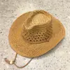 Chapéu de Palha Trançado Artesanal Vintage Aba Larga Estilo Cowboy Ocidental Cordão Ajustável Chapéu de Cavaleiro Chapéu de Proteção Solar para Viagem e Férias