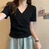 Camiseta Jiepeng Patchwork Manga Curta Gola V para Mulheres, Verão 2026 Slim-Fit Elegante Top para o Dia a Dia com Ombros Normais
