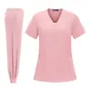 Fornecimento direto da fábrica de uniformes cirúrgicos médicos, macacões cirúrgicos com elasticidade em quatro direções, roupas de trabalho estilo jogger de manga curta para clínicas médicas e de beleza