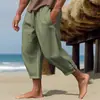 2025 Nuevos Pantalones Casuales de Verano para Hombre Transfronterizos de Amazon con Cordón en la Cintura Multibolsillos de Algodón y Lino de Nueve Puntos Pantalones de Playa