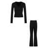 Camiseta Base Ajustada Gris Sexy de Cuello en V y Mangas Largas Camiseta de Mujer Otoño Traje Casual Pantalones de Cintura Alta Ligeramente Acampanados Conjunto de Dos Piezas