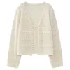 Fábrica de Jerseys Dalang Cárdigan Versátil de Punto Hueco con Cuello en V para Mujer con Bordes Fruncidos y Corbata Manga Larga Camisa de Protección Solar