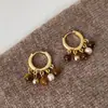 Brincos de Franja com Pedra Olho de Tigre Natural e Pérola para Mulheres, Estilo Étnico Retrô, Modernos Elegantes, Brincos Versáteis, Brincos, Brincos