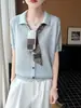 Top vintage de lino de bambú de manga corta con siete puntadas y decoración de corbata tipo bufanda, texturizado y transpirable, adecuado para primavera y verano, estilo versátil y artístico