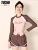 Traje de baño de dos piezas para mujer 2026, con bloques de color y manga larga, estilo shorts casual adelgazante, para playa, juegos acuáticos, resort de aguas termales