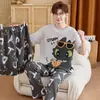 Pijama masculino estiloso e bonito de manga curta 100% algodão, conjunto fino de gola redonda, roupa de casa casual de corte solto, novo modelo de verão 2026