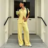 2026 Nuevo Conjunto Casual de Dos Piezas Estilo Europeo y Americano Transfronterizo Camisa de Manga Corta con Cuello Solapa y Botones Pantalones de Pierna Ancha Elásticos de Cintura Alta con Caída