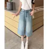 Jeans vintage cropped de cintura alta, cor clara, perna larga, para mulheres baixinhas, calça fina e solta de perna reta, comprimento médio