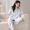 Pijama de Algodão Trançado Respirável para Verão 2026 para Mulheres, Manga Curta Calça Longa, Algodão Puro Amigo da Pele Fofo Desenho Animado Roupa de Casa Conjunto de Três Peças