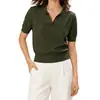 Camisa de Tricô Fina de Verão para Mulheres, Gola Polo Manga Curta, Verde Militar, Ajuste na Cintura, Emagrecedor, Top Versátil para o Dia a Dia