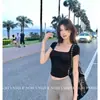 3612 Verano Estilo Puro Deseo Camiseta Versátil con Adorno de Encaje, Cuello Cuadrado, Clavícula Expuesta, Manga Corta Ajustada Top para Mujer