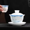 Tigela de Cerâmica Sancai com Tampa Tipo Gelo, Xícara de Chá de Porcelana Jade Nefrita, Conjunto de Chá Kung Fu, Xícara de Chá de Porcelana Azul e Branca com Decalque por Baixo do Esmalte
