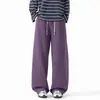 Calça de moletom de peso pesado, fluida, cós em blocos de cor, perna reta, unissex, nova coleção de outono, modelagem solta, calça esportiva casual de tricô roxa