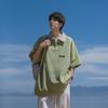 Polo de Piquet de Algodão Pesado Masculino Manga Curta Verão Estilo Japonês Lapela Meio Zíper Camiseta Moderna Solta Casual Manga Curta