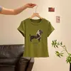 Camiseta de Manga Corta con Cuello Redondo y Hombro Normal Estampado de Cachorro Negro Estilo Retro Americano para Mujer Verano Nuevo Estilo Top Delgado Petite