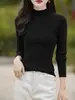 Top de punto acanalado de algodón puro para mujer de principios de otoño, con cuello alto medio, manga larga, textura acanalada vertical, elástico, corte ajustado y agradable para la piel