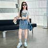 Meninas terno de verão 2025 novo estilo estilo ocidental casual manga curta camiseta infantil saia jeans estilo coreano verão crianças grandes
