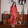 [Sobremesa Laranja] Pijama Feminino Primavera e Outono Cardigan Fino de Manga Longa Conjunto de Seda Gelada Tamanho Grande Conjunto de Roupa de Casa