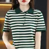 Camiseta de Manga Corta 100% Algodón para Mujer Verano Nuevo Cuello Polo de Cuatro Botones Base de Punto Rayada Top Elegante Adelgazante