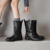 Cavaleiro das Trevas ~ Estilo Minimalista Botas de Couro Bovino Lavado de Cano Médio Novo Estilo Outono e Inverno 2025 Botas de Cavaleiro Quentes com Forro de Lã Salto Médio