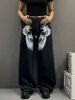 Calça de moletom vintage americana com estampa de asas, lavada e desgastada, para homens e mulheres, calça casual solta de perna larga, calça longa solta para street dance