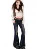 Jeans Retro Americanos con Dobladillo Crudo Bigotes Micro Campana para Mujer Primavera Otoño Chica Picante Adelgazantes Pierna Recta Longitud de Piso Pantalones de Campana