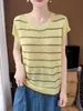 Colete listrado de bambu vintage com blocos de cor e textura artística, gola redonda, corte solto, versátil, estilo primavera-verão, de manga curta