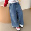 Calça Jeans Bordada com Laço para Meninas, Calça Casual de Perna Larga da Moda Estilo Coreano para Crianças Pequenas, Roupas de Primavera para Crianças Pequenas e de Tamanho Médio