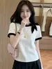 Camiseta de punto de manga corta con bloques de color estilo coreano y lazo para mujer, diseño de verano, top adelgazante y elegante para mujer 13340
