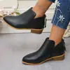 Botas de cuero de tacón grueso para talla grande, adelgazantes, con cremallera trasera, estilo europeo y americano, color liso, botines para mujer, botines cortos de cuero con punta