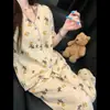 Conjunto de pijama cárdigan con estampado floral suave y retro estilo coreano para mujer, adecuado para usar en otoño, de manga larga, pierna larga, corte holgado para estar en casa