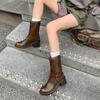 Botas vaqueras anchas de piel de vaca estilo europeo y americano, con hebilla de cinturón, tacón alto grueso y punta redonda, de cuero genuino, para niños, invierno 2024