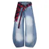 Jeans Masculino Xadrez Desconstruído Lavado High Street Americano Verão 2025 Novo Cleanfit Calça de Perna Larga Scimitar