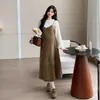 Conjunto de Maternidad Otoño Invierno Vestido Chaleco Retro Cuello Alto Ribete de Encaje Capa Base Vestido de Dos Piezas de Felpa Cuello en V Adelgazante
