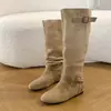 Botas retro de ante de media pantorrilla con aumento interno de altura para mujer, nuevas botas de moda ajustadas sin cordones, punta fina y tacón de bloque, otoño e invierno 2026