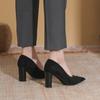 Salto Alto Preto de Bico Fino Estilo Francês para Mulheres Salto Grosso 2025 Primavera Novo Nicho Versátil Sapatos para Roupa de Trabalho para Mulheres