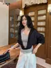 INSSNew Top Texturizado de Tencel con Elegantes Rayas Patchwork, Camisa de Manga Larga Falsa de Dos Piezas 98128