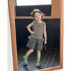 Conjunto de Verano para Niñas 2026: Conjunto de Moda Verano Estilo Coreano para Niños: Top Rayado de Moda y Pantalones Tipo Falda de Malla Elegantes