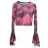 Tiro Real Distintivo Tie-Dye Delgado Cuello Redondo Holgado Corto Mangas de Trompeta Manga Larga Camiseta Malla Protector Solar Blusa Top 8891