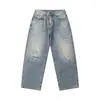 Calça Jeans Rumei Lavada Vintage Retrô Americana Feita à Mão Desgastada para Homens, Marca Tendência, Modelagem Solta, Calça Reta Versátil para o Dia a Dia