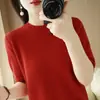 Camisa de Manga Curta com Gola Meia Tartaruga para Primavera e Outono, Camisa Básica Feminina, Blusa de Lã Mesclada Solta, Suéter Fino de Tricô de Manga Meia Curta para Mulheres